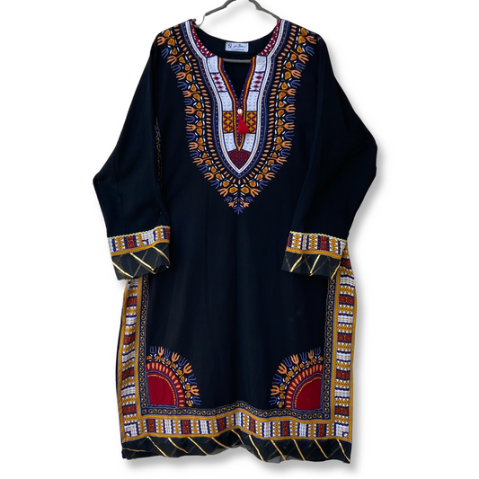 Black Printed Arabic Linen Kurta With Organza Patches