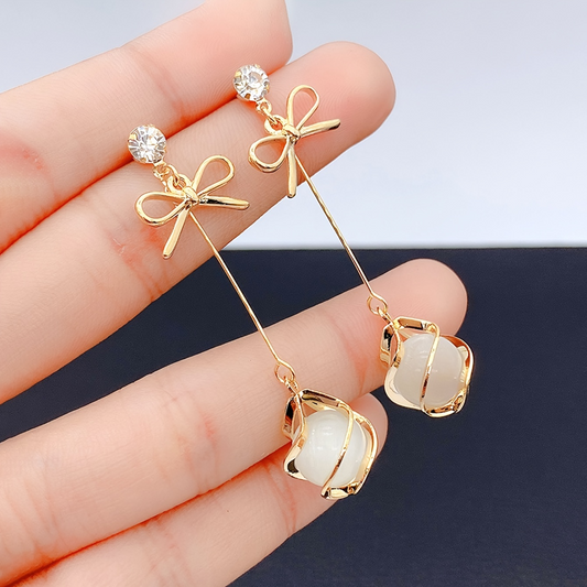 Butterfly Bow Tassel Earrings with Cat Eye Stone