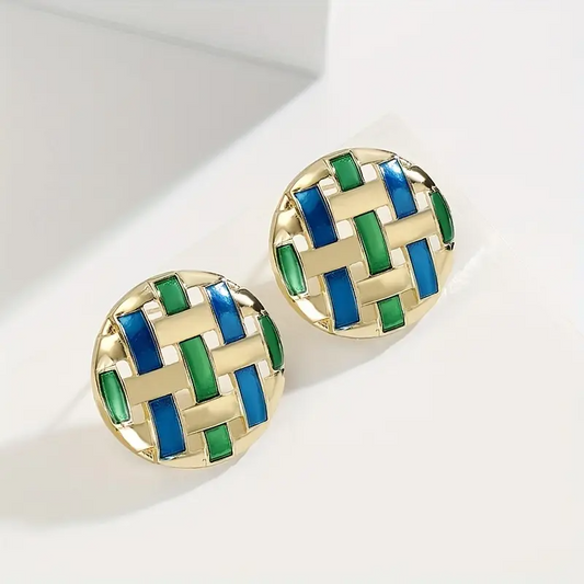 Colorful Woven Round Hollow Stud Earrings in Green & Blue