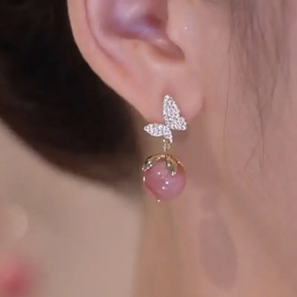 Butterfly Earrings with Pink Cat's Eye Drop