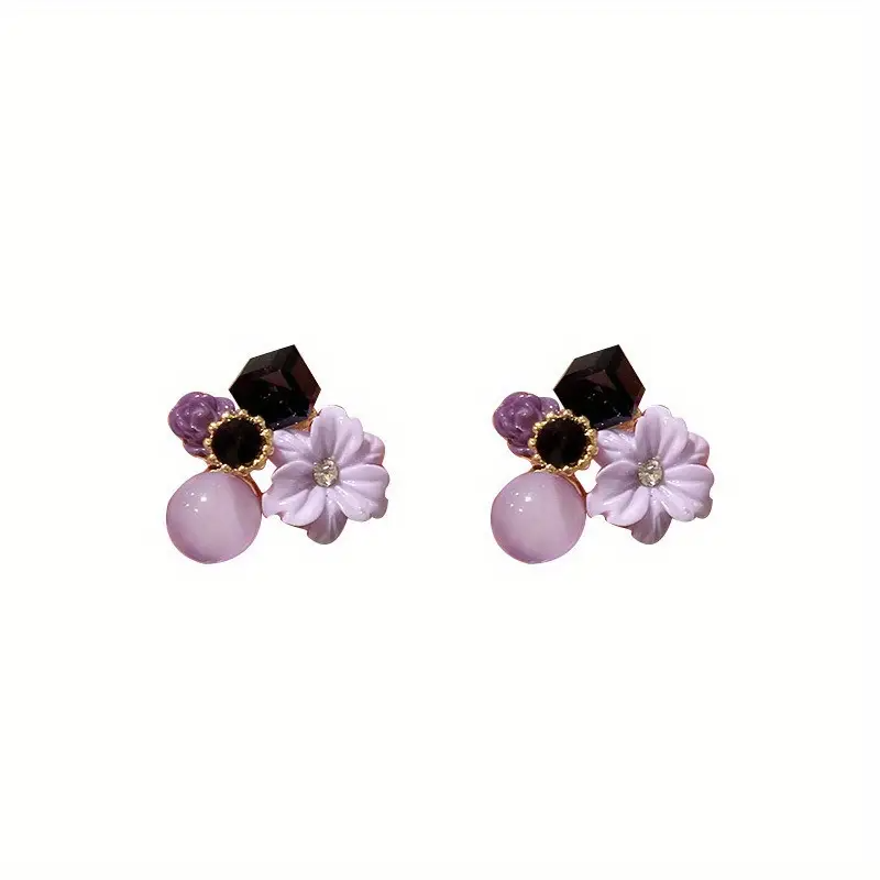 Purple Crystal Flower Earrings – Alloy with Imitation Jade, Perfect for Holiday Gifting