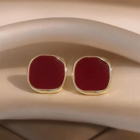 Elegant French Vintage-Inspired Red Square Stud Earrings for Women