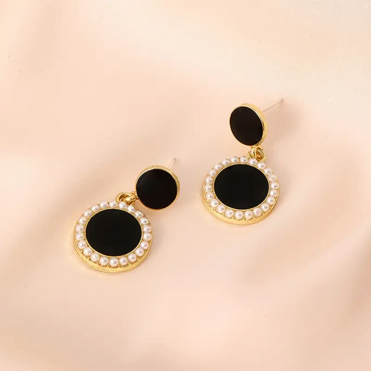 Double Black Round Dangle Earrings – Vintage Style with Imitation Pearls for Daily Wear