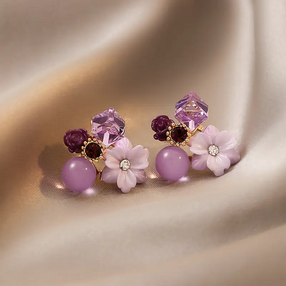 Purple Crystal Flower Earrings – Alloy with Imitation Jade, Perfect for Holiday Gifting