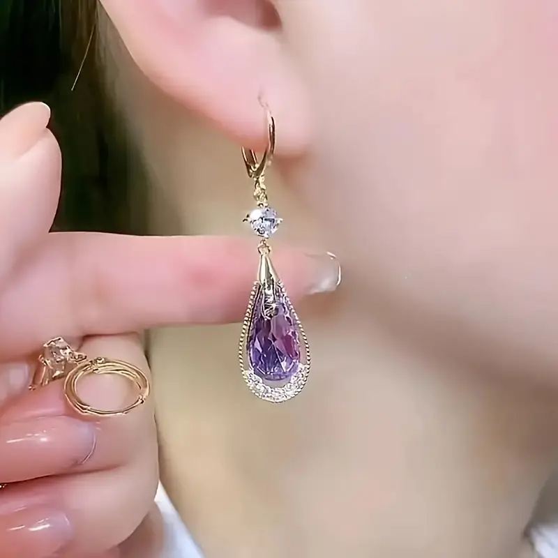 Purple Crystal Water Droplet Earrings – Simple Alloy Design, Perfect Gift for Women