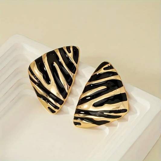 Black & Gold Zebra Print Retro Triangle Earrings