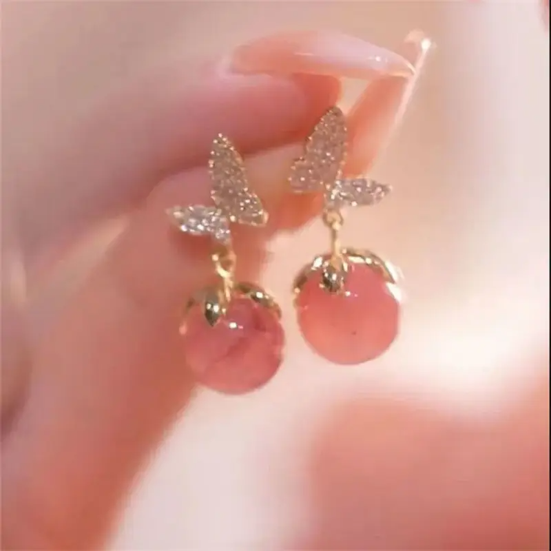 Butterfly Earrings with Pink Cat's Eye Drop