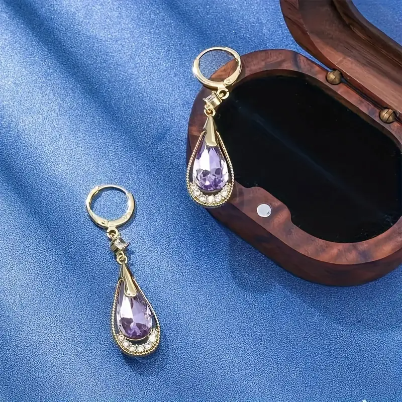 Purple Crystal Water Droplet Earrings – Simple Alloy Design, Perfect Gift for Women