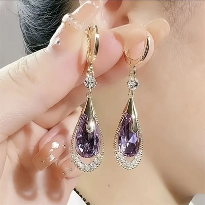 Purple Crystal Water Droplet Earrings – Simple Alloy Design, Perfect Gift for Women